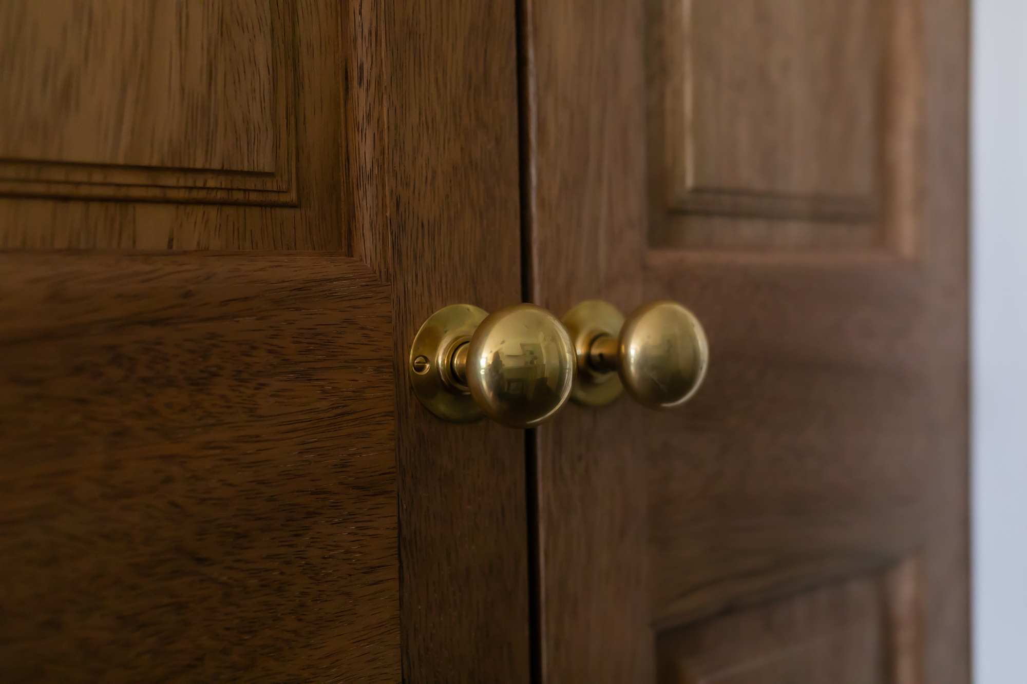 Custom brass door knobs on walnut interior doors — J. Arthur Custom Homes hardware detail